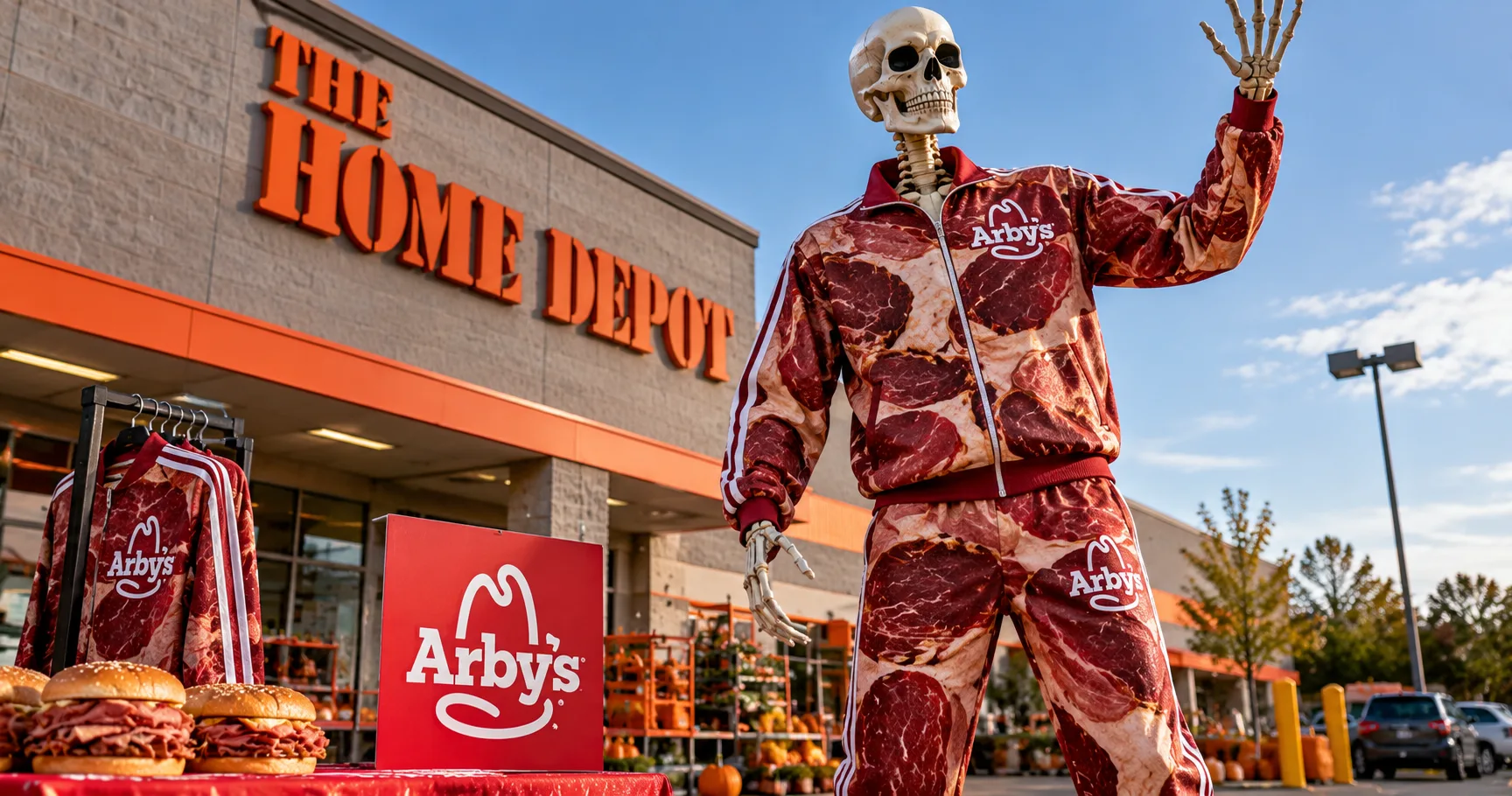 Arby’s Launches $46.66 Meat-Themed Tracksuit Designed for Home Depot’s 12-Foot Skeleton